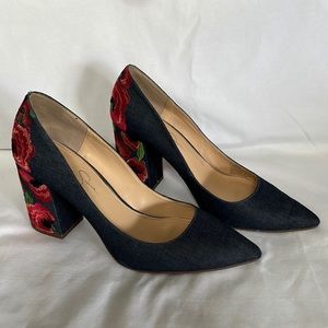 Jessica Simpson Blue Denim Heels with Red Flowers